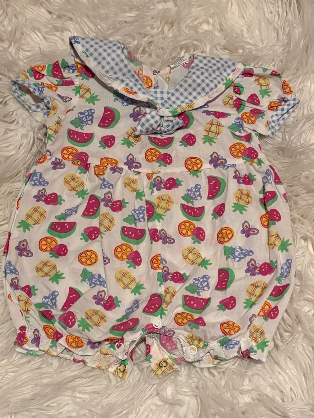 Vintage BabyFair Fruit Print Bubble Romper 6-9M Blue Gingham Sailor Collar